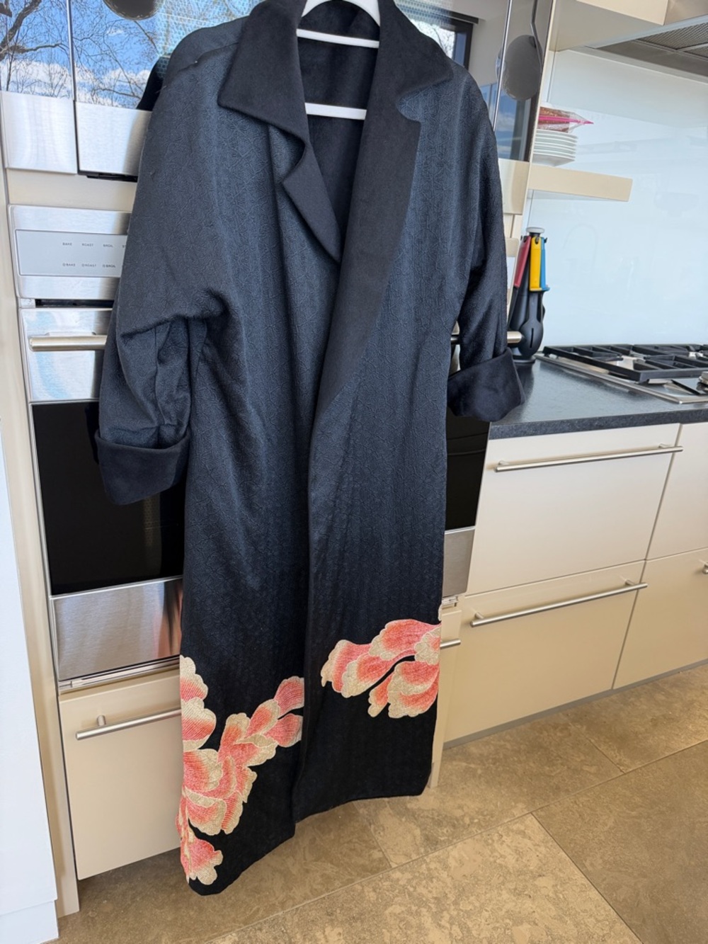 Emanuel Ungaro Black Long Coat with Pink Floral Embroidery